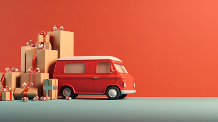 3D rendering of a red van with christmas gifts and boxesの素材