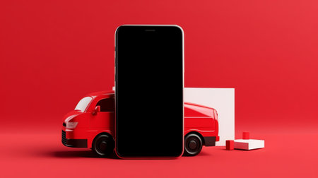 Smartphone with blank screen and delivery truck on red background. 3d renderingの素材