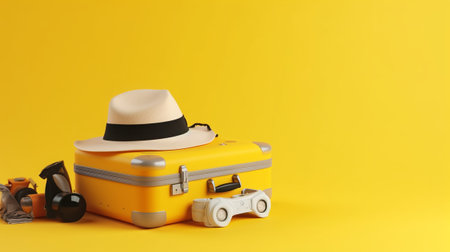 Vintage travel suitcase with hat, sunglasses and camera on yellow backgroundの素材