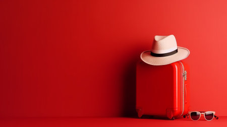 Red suitcase with hat and sunglasses on red background. Travel concept.の素材