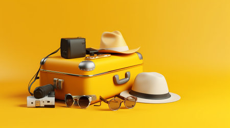 3D Render Suitcase with hat and sunglasses on a yellow backgroundの素材