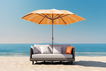 Beach chair and umbrella on the sand. 3d rendering.の素材