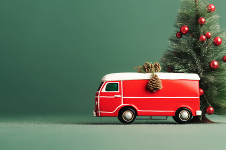 Christmas and New Year background with Christmas tree and vintage car on green backgroundの素材