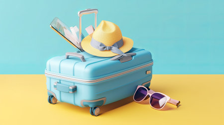 Suitcase with sunglasses and hat on a yellow-blue backgroundの素材