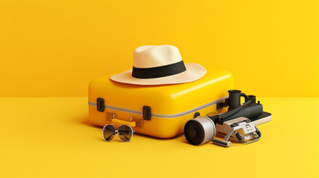 3d rendering of yellow travel suitcase with hat and binoculars on yellow backgroundの素材