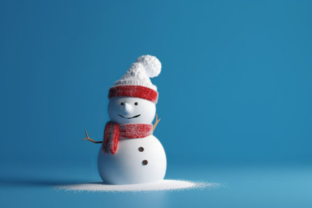 Snowman with red scarf and hat on blue background. Christmas and New Year concept.の素材