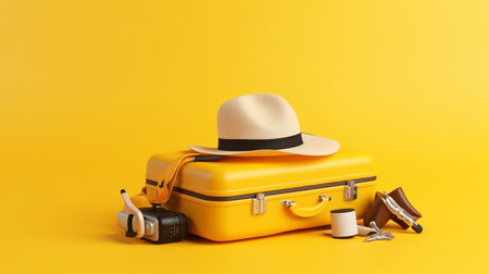 Suitcase with travel accessories on yellow background. Vacation conceptの素材