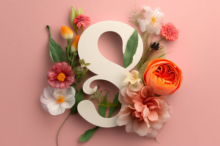 Number eight made of paper with beautiful flowers on color background, flat layの素材