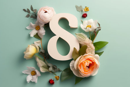 Number eight decorated with flowers and leaves on blue background. Flat lay.の素材