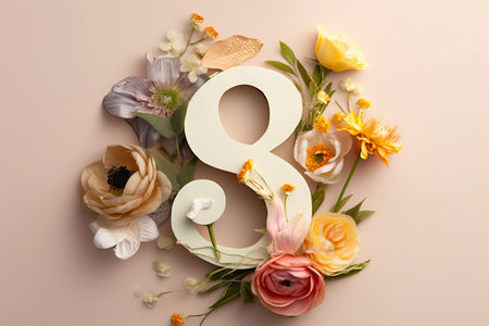 Number eight made of paper and flowers on pink background. Flat layの素材