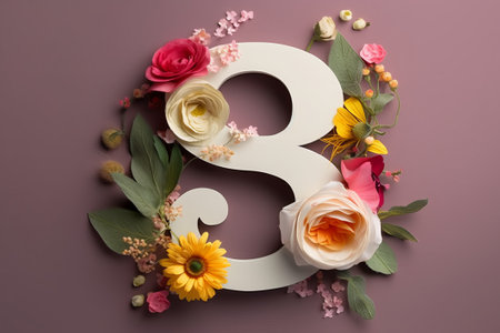 Number eight decorated with flowers, leaves and petals on purple backgroundの素材