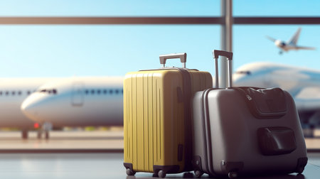 Luggage in airport terminal. Travel and tourism concept. 3D Renderingの素材