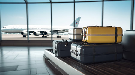 Luggage on luggage conveyor belt in airport terminal. 3d renderingの素材