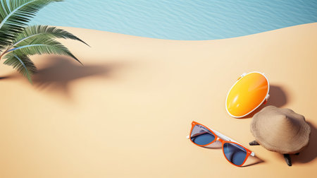 Straw hat, sunglasses and palm tree on the beach. 3d renderingの素材