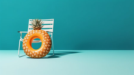 Pineapple with an orange lifebuoy on a blue backgroundの素材