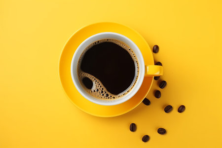 Coffee cup and coffee beans on yellow background, top viewの素材