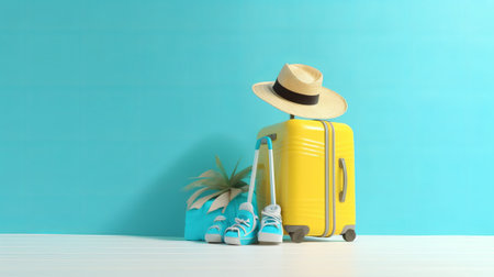 Vacation concept. Suitcase, hat and shoes on blue backgroundの素材
