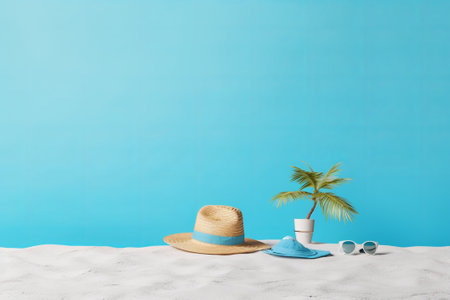 Beach accessories on sand against turquoise wall. Summer vacation conceptの素材