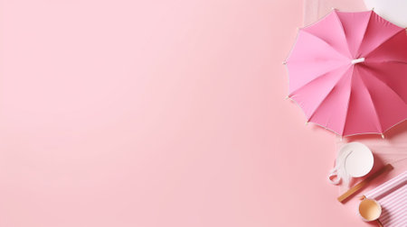 Pink umbrella and sunglasses on a pink background. Flat lay, top viewの素材