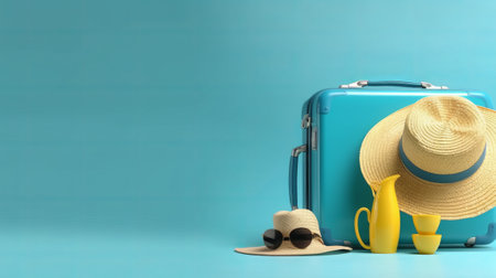 Blue suitcase, hat, sunglasses and yellow cup of coffee on blue backgroundの素材