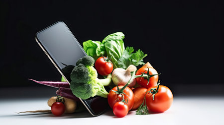 Smartphone with fresh vegetables on black background. Healthy food concept.の素材