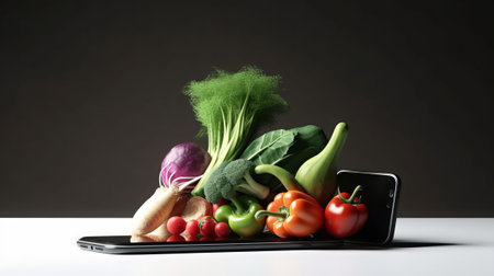 Smartphone with fresh vegetables on table against dark background. Food delivery conceptの素材