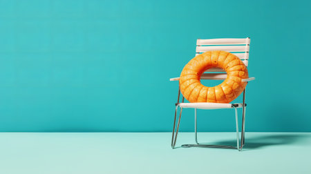 Orange inflatable ring on a white chair against turquoise backgroundの素材