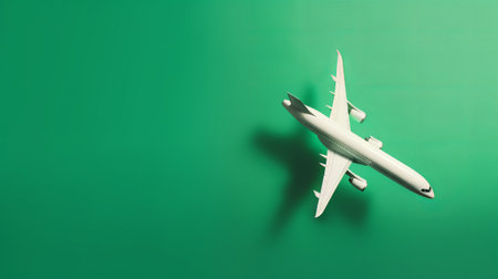 Airplane model on green background with copy space. Travel concept.の素材