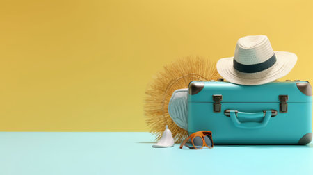3d rendering of blue suitcase with hat, sunglasses and straw hat on colorful backgroundの素材