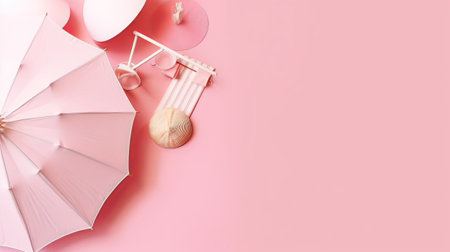 Beach accessories on pink background with copy space. Flat lay.の素材