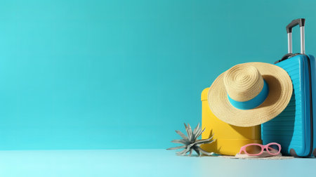 Suitcase, straw hat, sunglasses and starfish on blue backgroundの素材