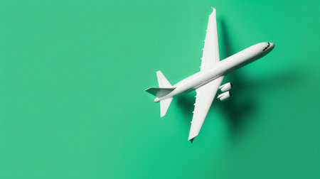 Airplane model on green background with copy space. Travel concept.の素材