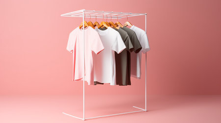 Clothes rack with t-shirts on pink background. 3D renderingの素材