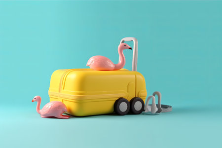 3d rendering of yellow suitcase with pink flamingo isolated on blue backgroundの素材