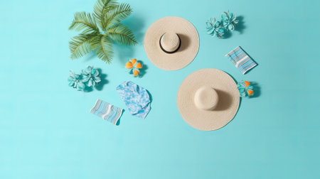 Flat lay composition with hat and beach accessories on light blue backgroundの素材
