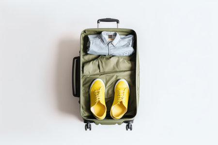 Suitcase with clothes and shoes on white background, top viewの素材
