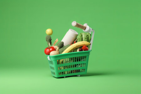 Shopping basket full of groceries on green background. Healthy food conceptの素材