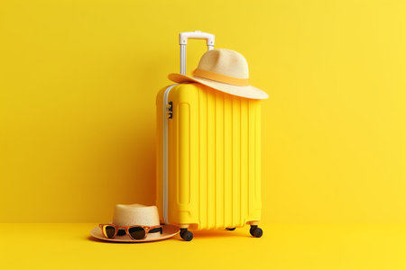 Yellow suitcase with hat and sunglasses on yellow background. Travel concept.の素材