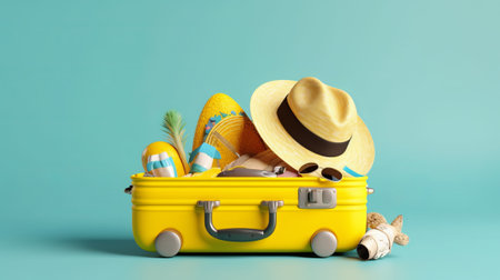 Suitcase with summer vacation items on blue background. 3d renderingの素材