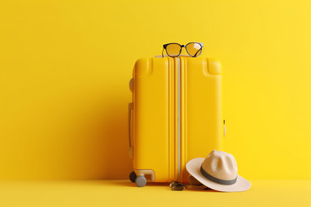 Yellow travel suitcase with hat and glasses on yellow background. Travel concept.の素材