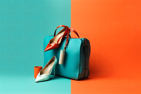 Stylish female shoes and bag on a blue and orange background.の素材