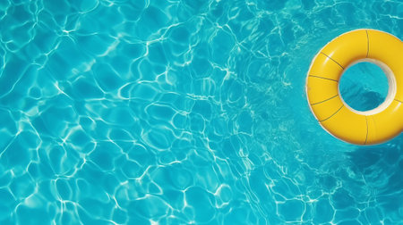 Yellow inflatable ring floating in swimming pool with blue water background.の素材