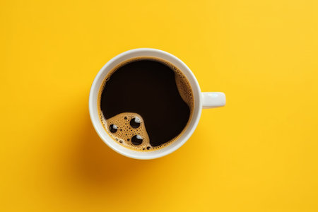 Cup of coffee on yellow background, top view, copy spaceの素材