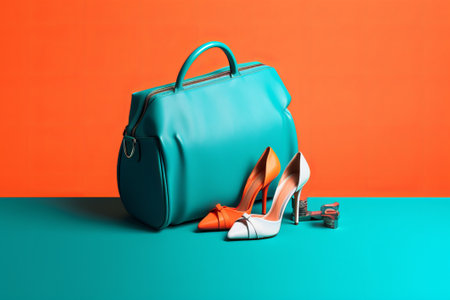 Blue bag, shoes and high heels on a blue and orange backgroundの素材