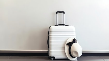 White travel suitcase with sunglasses and hat on the floor near the wallの素材