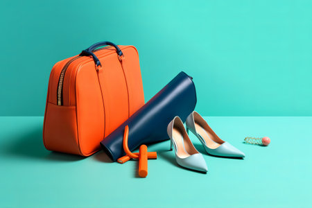 Women's accessories on a blue background. Bag, shoes, clutch.の素材