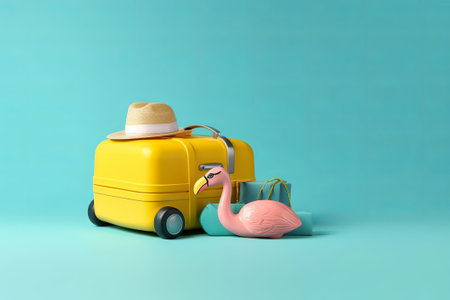Vacation and travel concept with yellow suitcase, hat and pink flamingoの素材