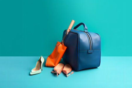 Women's handbag, shoes and purse on a blue background.の素材