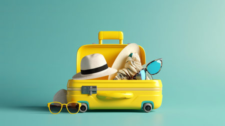Suitcase with hat and sunglasses on color background. Travel conceptの素材