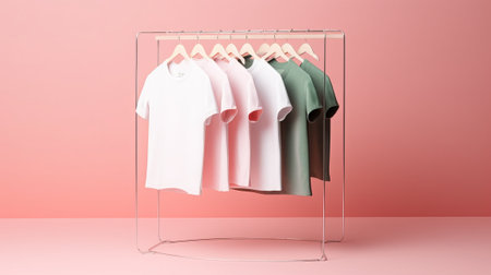 Clothes rack with clothes on pink background. 3D rendering.の素材